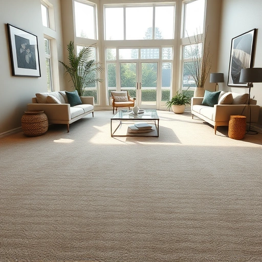 Spacious living room with plush neutral carpet, stylish furniture, and natural light creating a warm atmosphere.