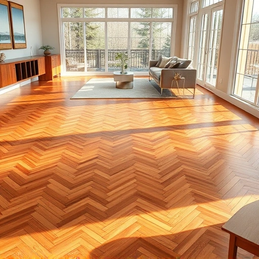 Polished hardwood flooring in herringbone pattern enhances a modern room with natural light and tasteful decor.