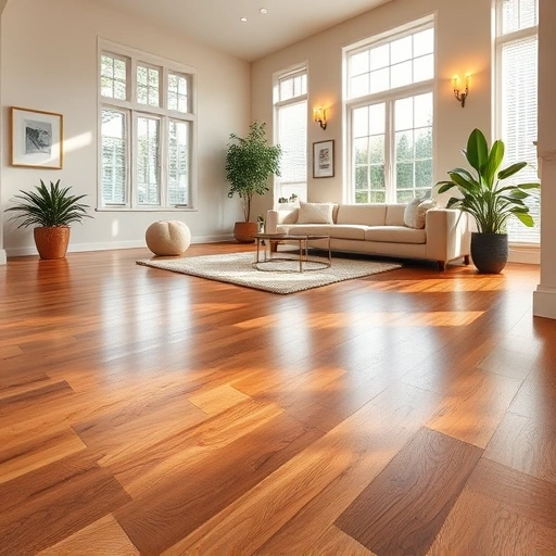 Modern living room in Pittsfield Township MI with rich wood flooring, neutral walls, minimal furniture, and indoor plants.