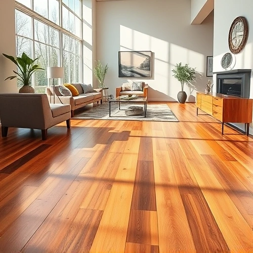 Elegant hardwood flooring in a modern Ann Arbor living room with natural light, stylish furniture, and warm tones.