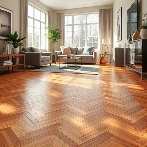 Engineered hardwood flooring in herringbone pattern, warm tones, natural light, minimal decor, elegant living room setting.