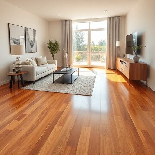 Spacious Plymouth MI living room with sleek hardwood floors, modern decor, and warm tones under natural light.