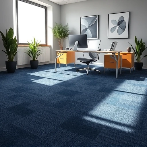 Completed carpet flooring installation in a modern Novi MI office with navy blue carpet and light wood furniture.