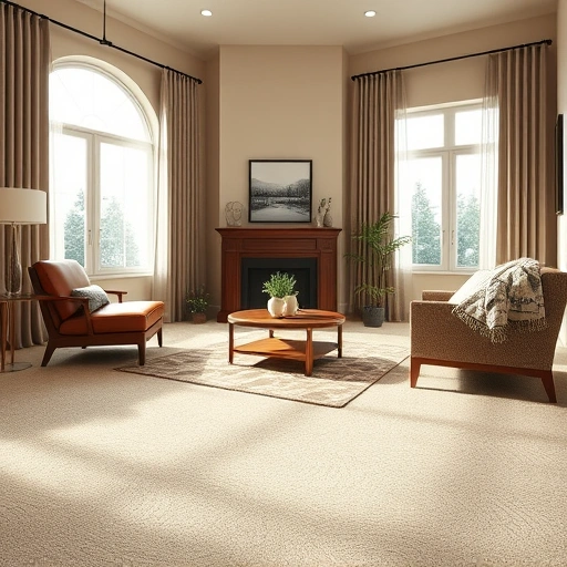 Spacious Farmington MI living room with plush carpet, wooden furniture, and warm natural light creating an inviting space.