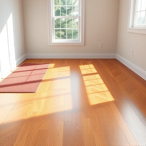 Beautifully installed oak hardwood flooring in herringbone pattern with natural light, area rug, and sleek baseboard.