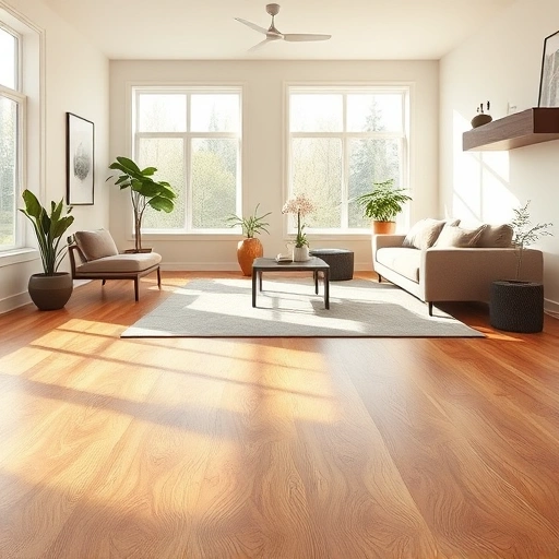 Engineered hardwood flooring installation in a modern living room with warm tones and elegant minimalist decor.