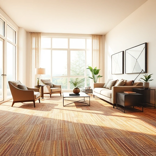 Carpet flooring installation in a sunlit Birmingham MI living room with elegant furniture and earthy tones.