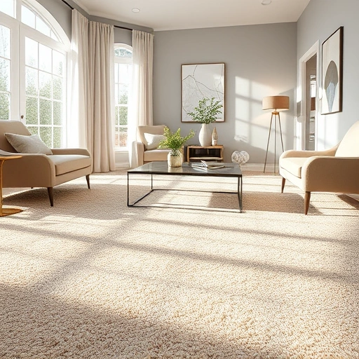 Carpet flooring installation in a sunlit Rochester Hills room with plush beige and taupe textures and stylish decor.