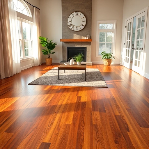 Completed hardwood flooring installation in a warm living room with natural light, elegant curtains, and stylish decor.