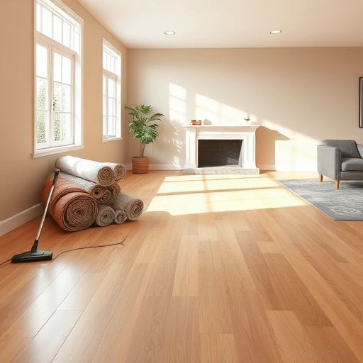 Spacious living room in Ann Arbor with new hardwood floors, warm walls, and neatly stacked old carpets after removal.