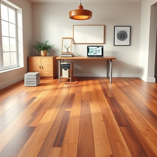 Completed flooring estimate in a professional workspace with polished wooden floor, samples, and natural light.