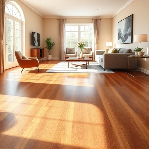 Spacious living room in Chelsea MI featuring gleaming hardwood floors, elegant furniture, and warm neutral walls.