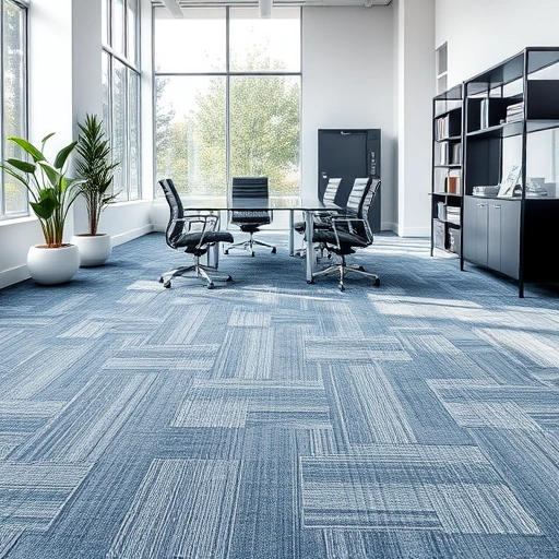 Completed carpet installation in a modern Troy MI office with deep blue and grey patterns, natural light, and minimalistic decor.