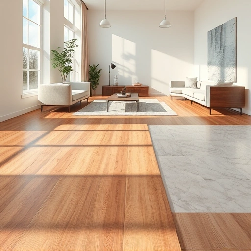 Completed flooring installation in Lyon Township, MI, featuring rich hardwood and elegant tile in a spacious, light-filled room.