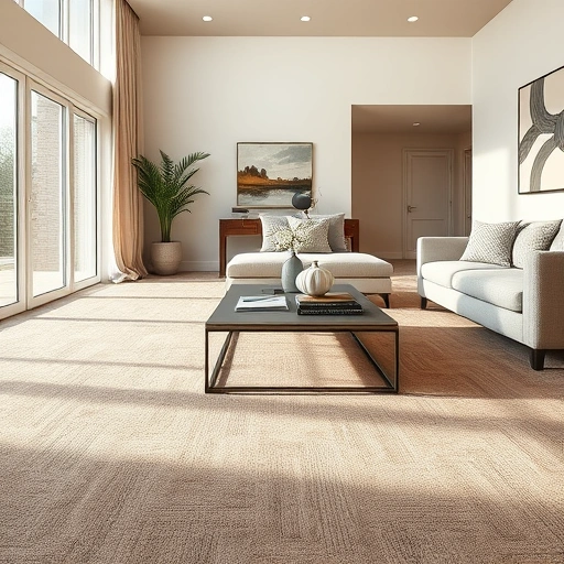 Elegant living room in South Lyon MI with textured neutral carpet, modern decor, and soft natural lighting.