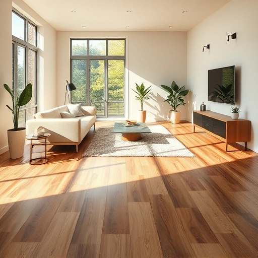 Luxury Vinyl Tile installation in a modern living room features warm wood-like patterns and natural light ambiance.