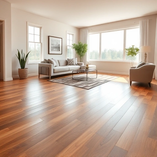 Stunning hardwood floor in a modern living room in Pittsfield Township, MI, showcasing rich tones and elegant design.