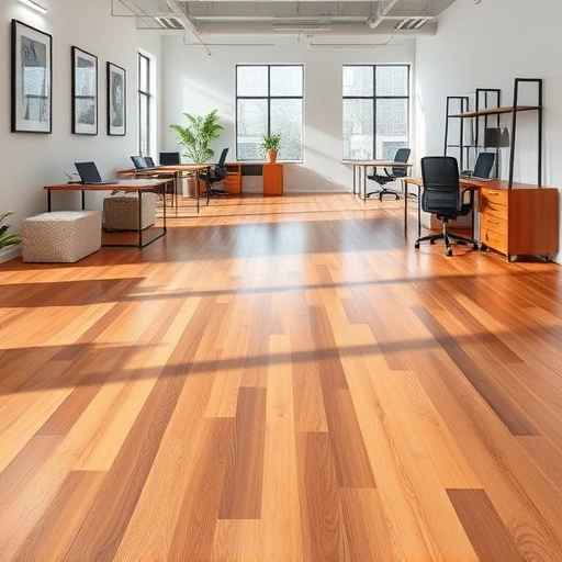 Commercial flooring project in Ann Arbor featuring polished hardwood, modern furnishings, and ample natural light.