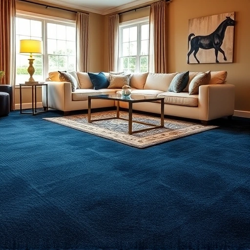 Luxurious living room with plush navy blue carpet, modern sectional sofa, and elegant decor in Shelby Township MI.