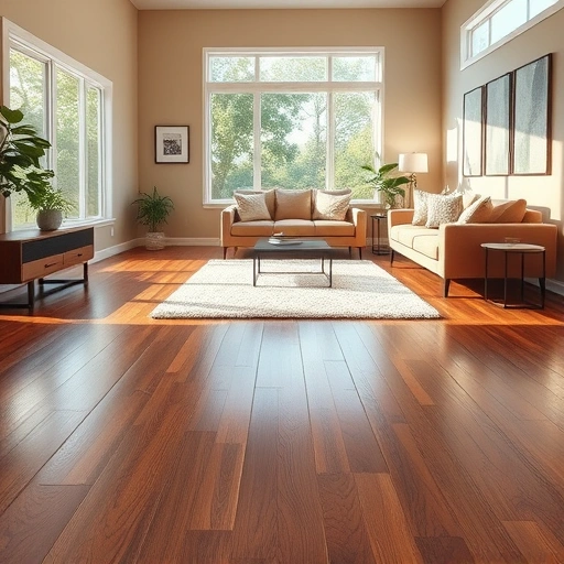 Spacious living room in Rochester Hills with elegant hardwood flooring, warm walls, modern furniture, and natural light.