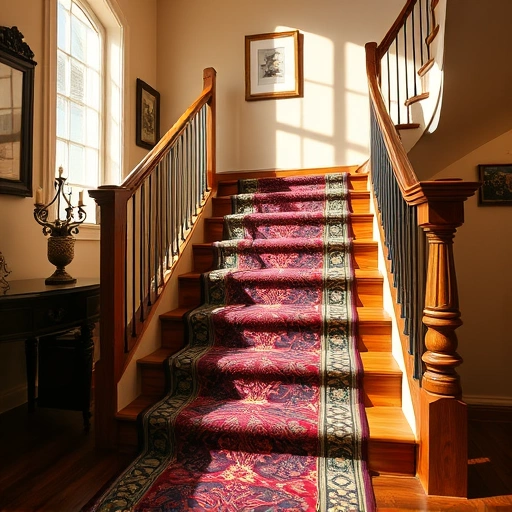 Custom stair runner installation in Ann Arbor MI showcasing intricate patterns and vibrant colors in a stylish home.