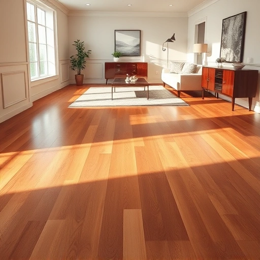 Polished hardwood flooring in Birmingham MI with elegant trim and neutral walls in a stylish contemporary living space.