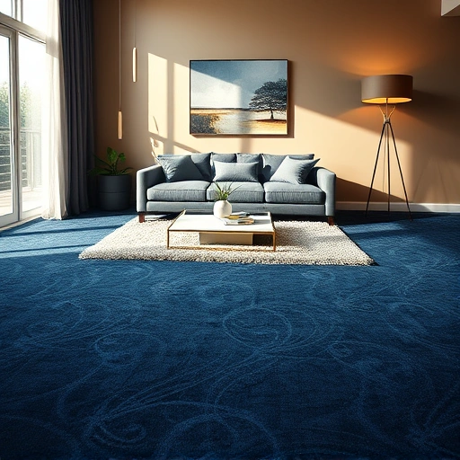 Modern living room in Farmington MI with deep navy carpet, elegant furniture, and warm natural light.