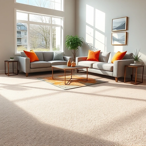 Modern living room in Pittsfield Township MI with plush beige carpet, gray sectional, and stylish decor.