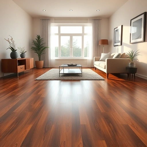 A stunning hardwood floor in Milan MI features rich dark oak with intricate grain patterns and elegant minimalist decor.