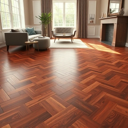 Flooring installation in Oakland County, MI features rich hardwood in herringbone pattern with warm natural lighting.