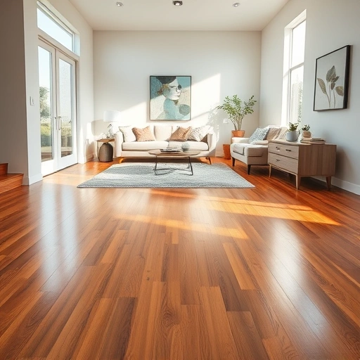 Beautiful living room in Farmington MI featuring rich hardwood floors, minimalist decor, and natural light.