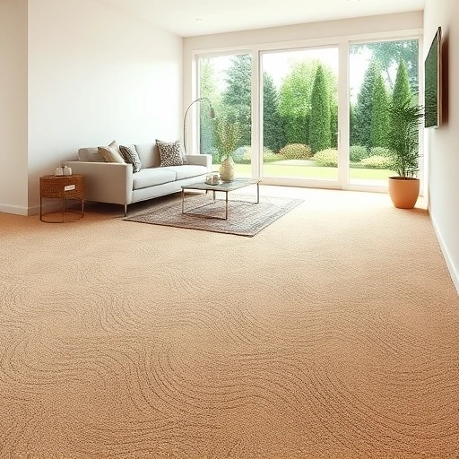 Completed carpet flooring installation in Canton MI features warm beige tones, intricate patterns, and natural light ambiance.