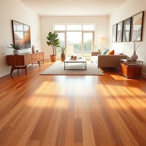 Completed hardwood flooring installation in Dexter MI with warm tones, natural light, and elegant minimalistic design.
