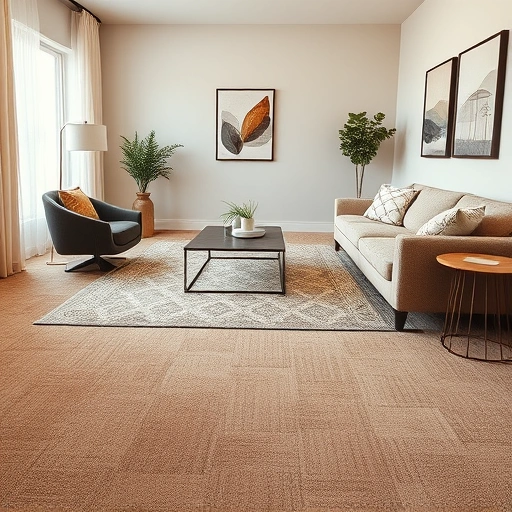 Completed carpet flooring installation in a stylish living room with modern furnishings and warm earth tones.