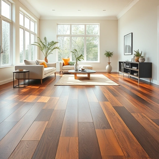 Completed wood flooring installation in a well-lit room with stylish furniture and soft neutral walls in Livonia MI.
