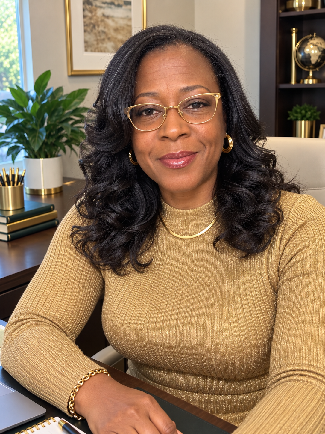Tinisha Springs M.Ed.,CFEI wearing gold, seated at her office desk
