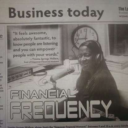 Archived newspaper clipping titled Financial Frequency showing Tinisha at a radio microphone