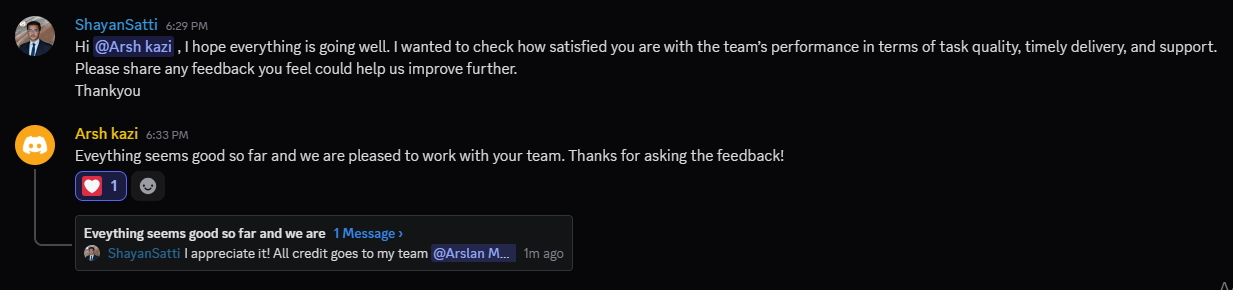 Client feedback screenshot