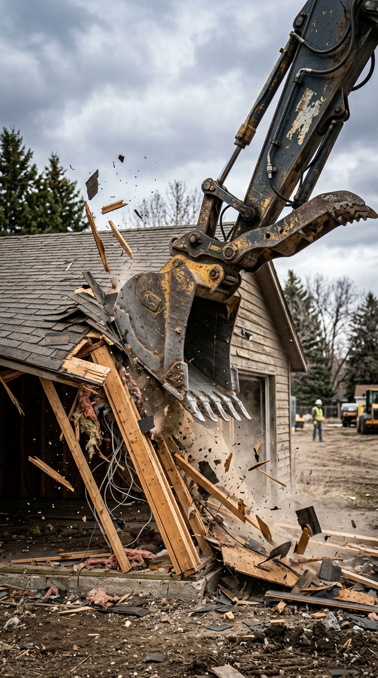 Excavator demolishing detached garage Billings MT