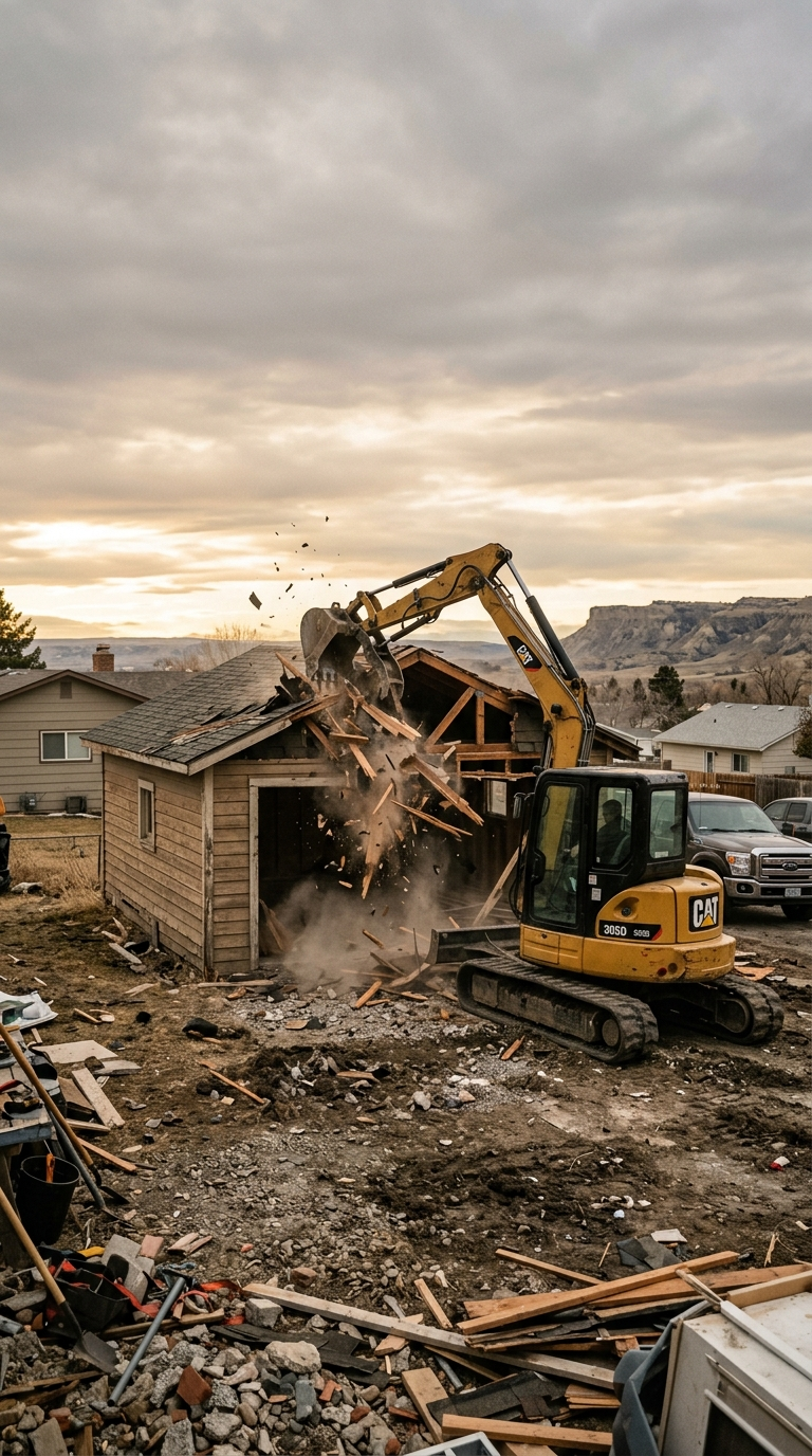 Garage demolition Billings MT excavator tearing down detached garage
