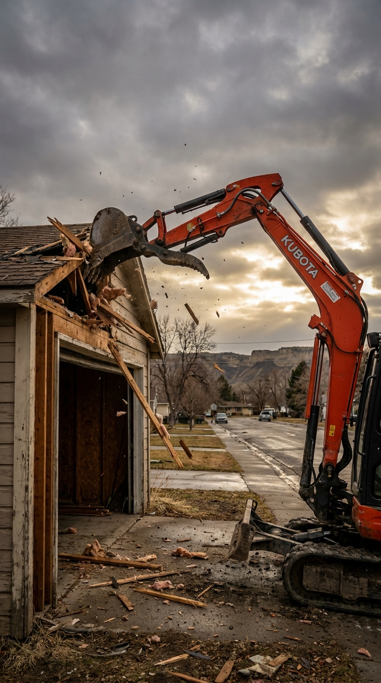Workers manually demolishing old garage Montana