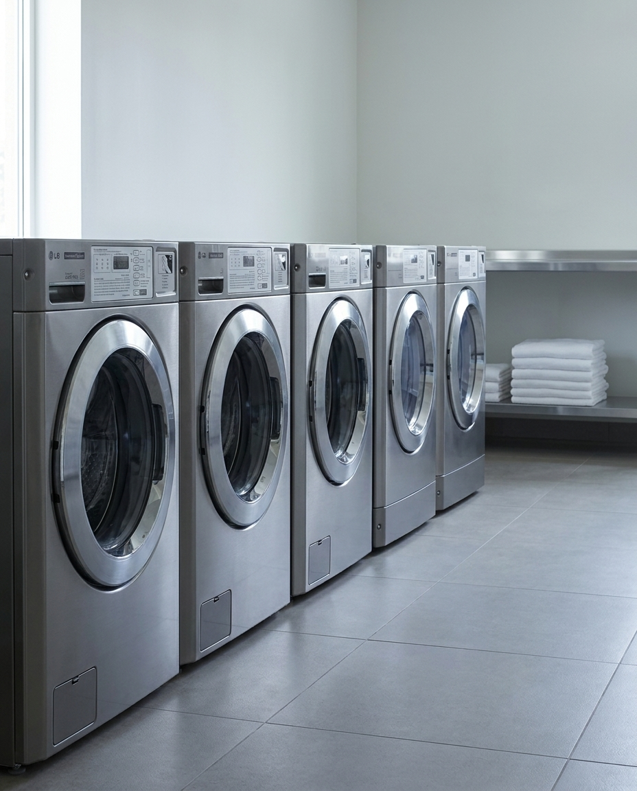 Lavanderia interna di una struttura con più macchine industriali LG in fila