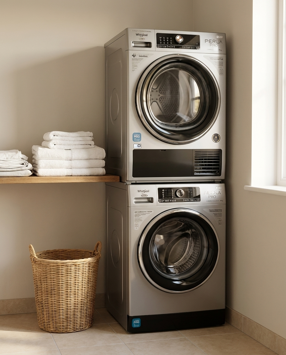 Lavatrice e asciugatrice Whirlpool Professional installate nel locale di servizio di una struttura