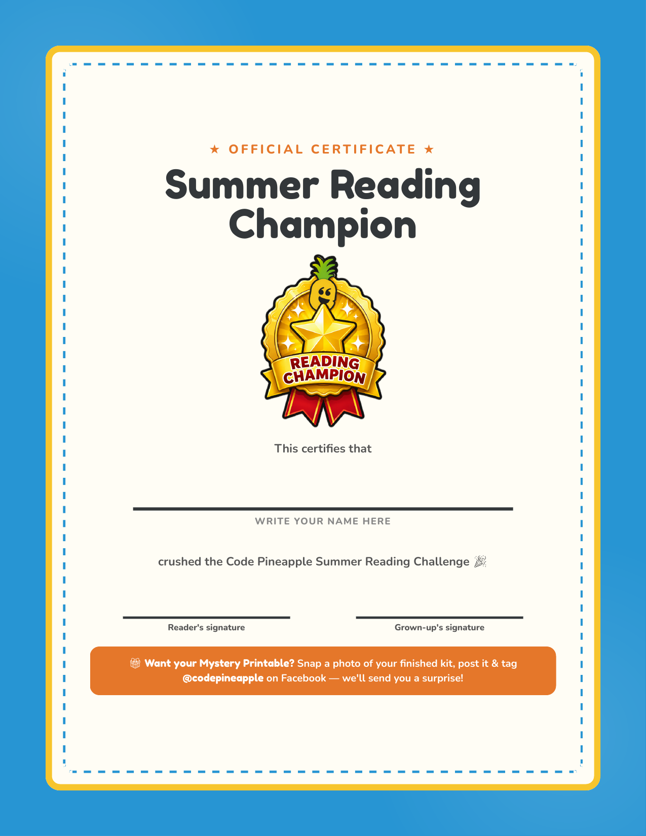Summer Reading Champion certificate