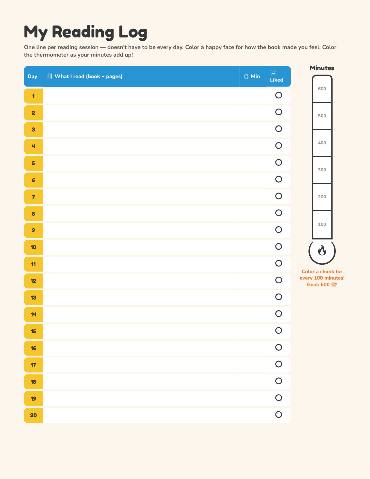Reading log with minutes thermometer