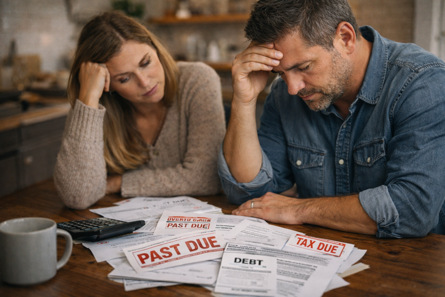 Distressed homeowners reviewing bills, tax documents, and past-due mortgage notices at a kitchen table