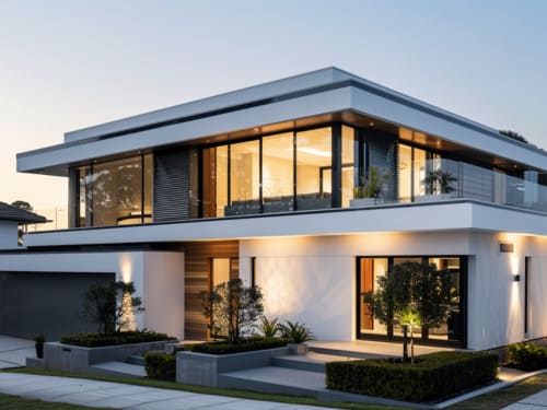 Custom corner block home build in Sydney with balcony and landscaped front yard