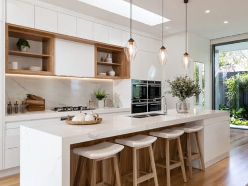 Modern kitchen renovation with island bench and timber flooring