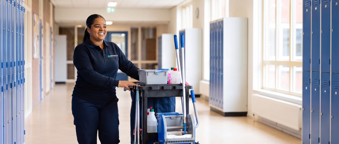 Novento medewerker schoonmaak klaslokaal na schooltijd