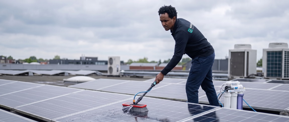 Novento medewerker reinigt zonnepanelen bedrijfsdak